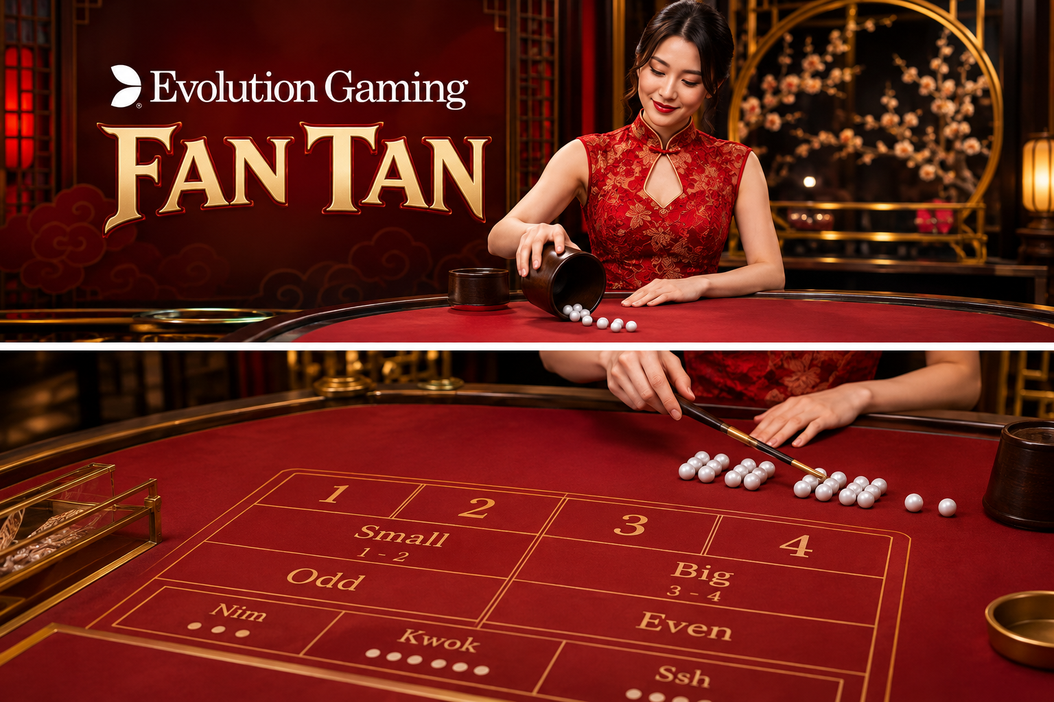 Evolution Gaming Fan Tan 게임의 구슬과 베팅 테이블 이미지